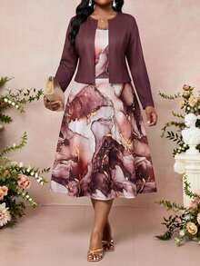 SHEIN Lady Plus Size Women Solid Color Long Sleeve Open Front Cardigan And Marble Print Dress Elegant Set Fall - Multicolor - View 3