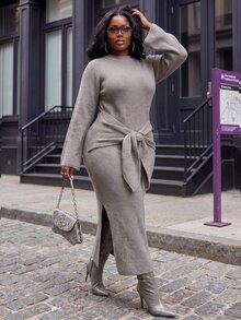 Slaydiva Plus Size Autumn/Winter Fashion Knotted Side Slit Knit Dress - Coffee Brown - View 12