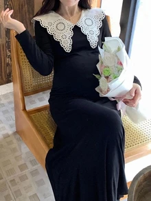 DAZY Gaun Hamil Gaya Korea Musim Semi/Musim Gugur dengan Trim Kontras, Lengan Panjang, dan Elastis Pas Badan - Hitam - View 1