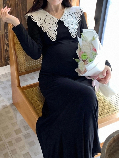 Dazy Maternity Gaun Hamil Gaya Korea Musim Semi/Musim Gugur dengan Trim Kontras, Lengan Panjang, dan Elastis Pas Badan