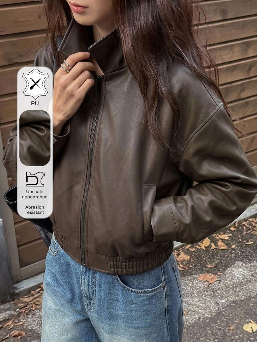 DAZY 春季新款做舊皮革短夾克 情人節女款標準版夾克 - 棕色 - 查看 1