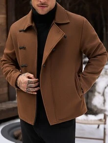 Manfinity CasualCool 男士羊毛混紡翻領夾克，青蛙扣裝飾，拉鍊開合，休閒日常秋冬外套 - 棕色 - 查看 5