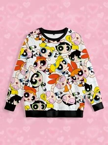 THE POWERPUFF GIRLS X SHEIN Plus Size Women's Crew Neck Long Sleeve Casual Sweatshirt - White - View 4