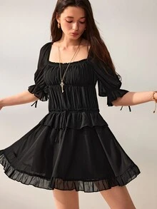 Willow Rêve Women's A-Line Black Mini Dress,Solid Color,Pleated Square Neck,Ruffle Short Sleeves,Summer Western Boho Romantic Elegant Casual,Vacation Party - Black - View 1