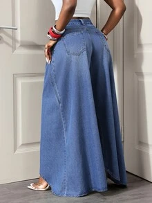 SHEIN PETITE Women's Pleated Design Wide Leg Loose Casual Denim Jeans - Blue - View 2