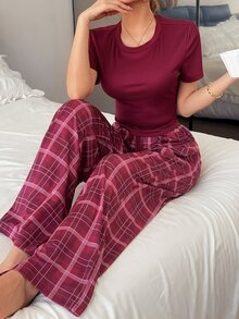 Napfluff Plaid Knit Short Sleeve Pajama Set, Casual Women's Loungewear - Burgundy - View 3