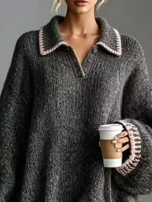 Glimmora Women's Casual Colorblock Trim Sweater, Autumn/Winter - Grey - View 4