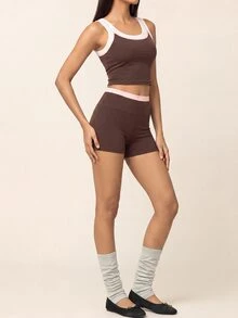 SHEIN BAE Women's Colorblock Cropped Tank Top And Shorts Sports Set - Coffee Brown - View 4