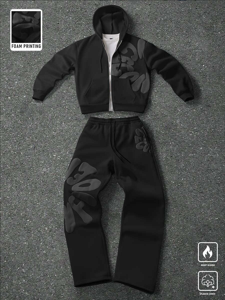 PAVTROS Men's Letter Print Hoodie & Sweatpants Set - Black - View 1