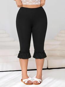 SHEIN EZwear 大尺碼休閒百搭純色荷葉邊褲腳長褲 - 黑色 - 查看 2