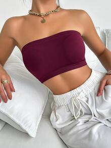 SHEIN 1件女款純色鏤空無縫抹胸式內衣 - 中紫紅色 - 查看 4