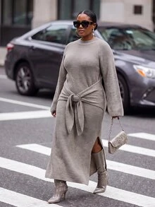 Slaydiva Plus Size Autumn/Winter Fashion Knotted Side Slit Knit Dress - Coffee Brown - View 5