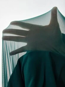 JIAN LASALA Gaun Midi Lengan Panjang Jala dengan Detail Kerut dan Tumpang Tindih, Elegan untuk Liburan dan Pesta - Dark Green - View 8
