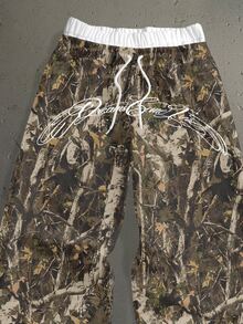 StoneGrade Jungle Branch Camo Curved Handwritten Font Casual Print Men's Standard Size Double Waistband Long Sweatpants - Olive Green - View 2