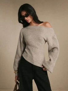 Poéselle Women's Elegant Khaki Ribbed Jacquard Asymmetrical Hem Warm Sweater, Fall Winter Knit Top For Work, Dating, Vacation, Party & Holiday Outfits - Khaki - View 5
