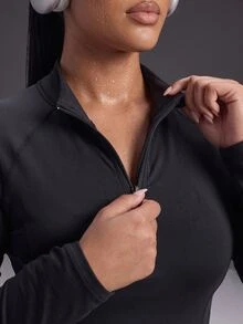 Powerista Women's Plus Size Solid Color Raglan Long Sleeve Zipper Design Sports Sweatshirt Fleece-Trimmed Long-Sleeved For Autumn And Winter Running Workout - Black - View 3