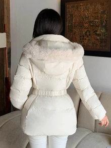 DAZY Women's Winter Hooded Cream White Fur Collar Cinched Waist Waist Zipper Short Slim Fit Elegant Commute Date Padded Coat - Apricot - View 2