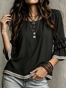 Glimmora Women's Summer Autumn New Contrast Color French Casual Loose Ruffle 3/4 Flare Sleeve Plus Size Blouse - Black - View 3