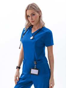 TaskEZ Women's Matte Wrap Top With 2 Pockets And Princess Seams On Back - Royal Blue - View 6
