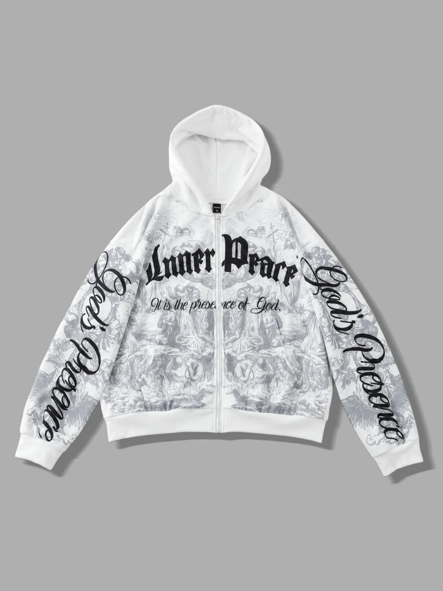ROMWE MEN Religious Portrait Print Loose Sweatshirt Streetwear Vintage - White - View 1