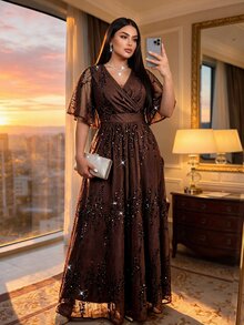 Auveirra Plus Size Elegant Sequin Party Dress - Brown - View 4