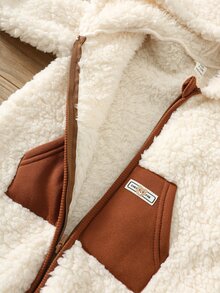 SHEIN Baby Boy Autumn/Winter Color Block Zipper Front Plush Hooded Romper - Apricot - View 5