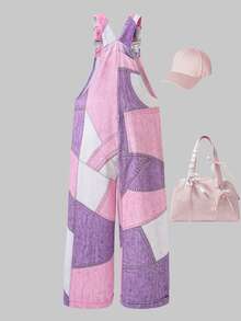 SHEIN 大童女孩休閒風抓絨秋季服飾 燈芯絨吊帶褲 春夏秋冬四季款 - 粉色 - 查看 2