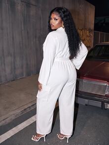 Slaydiva Autumn/Winter Plus Size White Utility Jumpsuit With Collar, Belt, Cinched Waist And Wide Leg - White - View 3