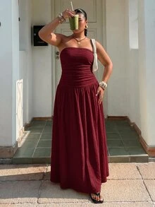 SHEIN EZwear 酒紅色無肩帶休閒大尺碼女款洋裝 - 酒紅色 - 查看 3