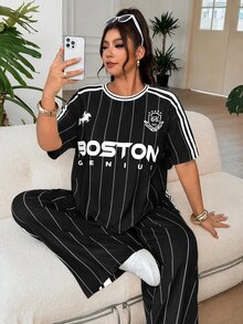 SHEIN EZwear 大尺碼女款字母騎士圖案短袖上衣與長褲休閒日常套裝 - 黑色 - 查看 6