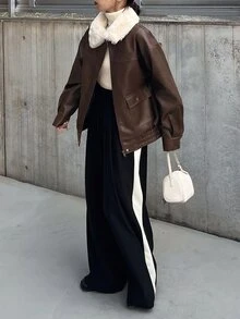 FRIFUL Women's Fur Collar Long Sleeve PU Leather Casual Loose Regular Fit Jacket - Brown - View 4