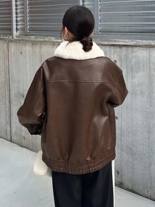 FRIFUL Women's Fur Collar Long Sleeve PU Leather Casual Loose Regular Fit Jacket - Brown - View 2