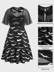 Sunspun Plus Size Halloween Bat Print Shawl Decor Dress - Black - View 1