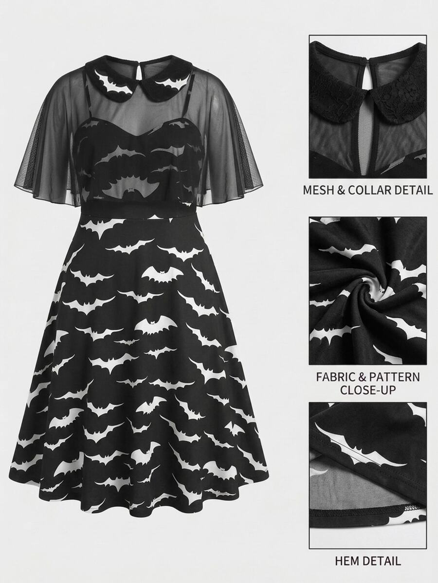 Sunspun Plus Size Halloween Bat Print Shawl Decor Dress - Black - View 1