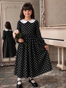 SHEIN Tween Girl Elegant Polka Dot Print Dress For Autumn/Winter - Black and White - View 3