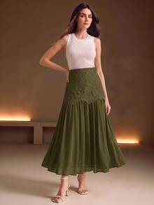 Anewsta Women's New Water-Soluble Hollow Embroidery Patchwork Ruched Full Flare Fashion Elegant Versatile Half Skirt - Green - View 5