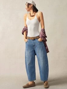 Bohemela Plus Size Women's Pocket Rhinestone Curved Leg Casual Denim Jeans Fall Clothes For Women - Medium Wash - View 3