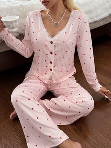 CottageSlumber PINK Heart Print Ribbed Knit Contrast Lace Cardigan Casual Women's Pajama Set - Pink - View 5