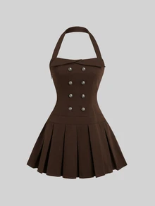 Sweetra New Halter Neck Mini Dress, Pleated, Fashionable, Preppy Style, Suitable For School, Street Wear - Brown - View 1