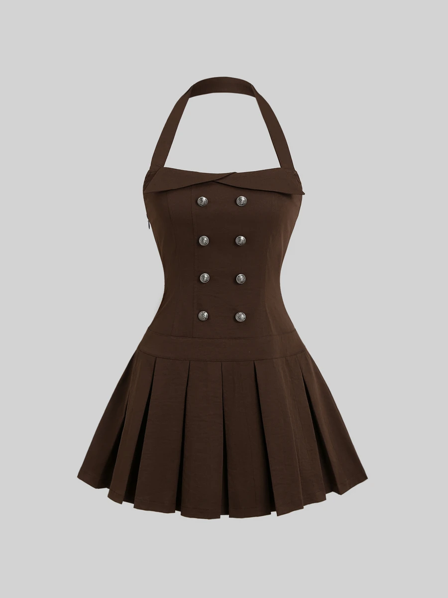 Sweetra New Halter Neck Mini Dress, Pleated, Fashionable, Preppy Style, Suitable For School, Street Wear - Brown - View 1