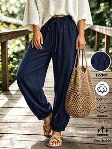 Breezaya Women's Casual Solid Color Waist Tie Cuffed Lantern Pants - Navy Blue - View 1