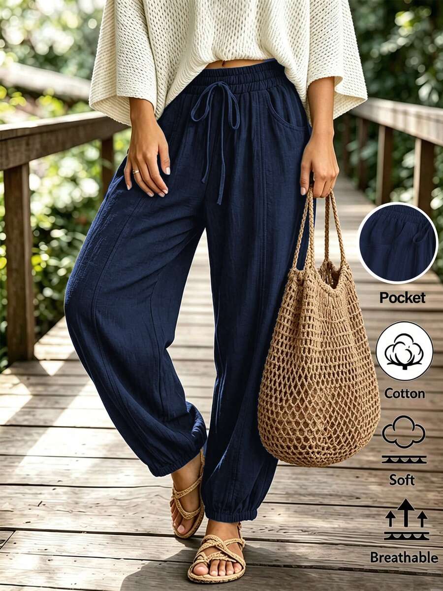 Breezaya Women's Casual Solid Color Waist Tie Cuffed Lantern Pants - Navy Blue - View 1