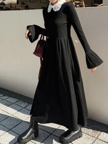 FRIFUL 女款秋季蕾絲對比領收腰羅紋長洋裝 - 黑色 - 查看 5