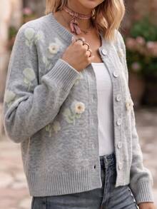 Linavere Women's Romantic Handmade Floral Applique Long Sleeve Single-Breasted Knit Cardigan - Light Grey - View 5