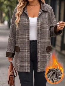 EMERY ROSE CURVE Jaket Wanita Ukuran Besar Motif Kotak-kotak Vintage Musim Gugur/Dingin dengan Kerah Patchwork Kulit, Lengan Panjang, Potongan Longgar, Blazer Komuter Serbaguna Musim Gugur - MultiWarna - View 3