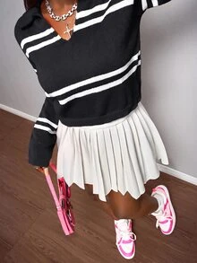 Slaydiva 秋冬休閒拼接條紋針織毛衣 - 黑色 - 查看 7