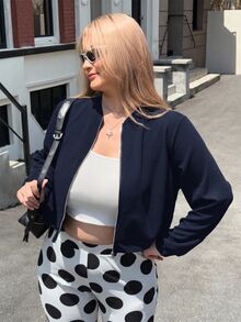SHEIN EZwear 休閒百搭海軍藍短版大尺碼夾克 - 藏蓝色 - 查看 6