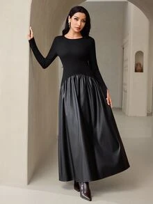 Veilorie Women's Solid Color Round Neck Long Sleeve Elegant Dress - Black - View 4
