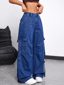 SHEIN EZwear 女款休閒水洗寬腿工裝牛仔褲 - 藍色 - 查看 4