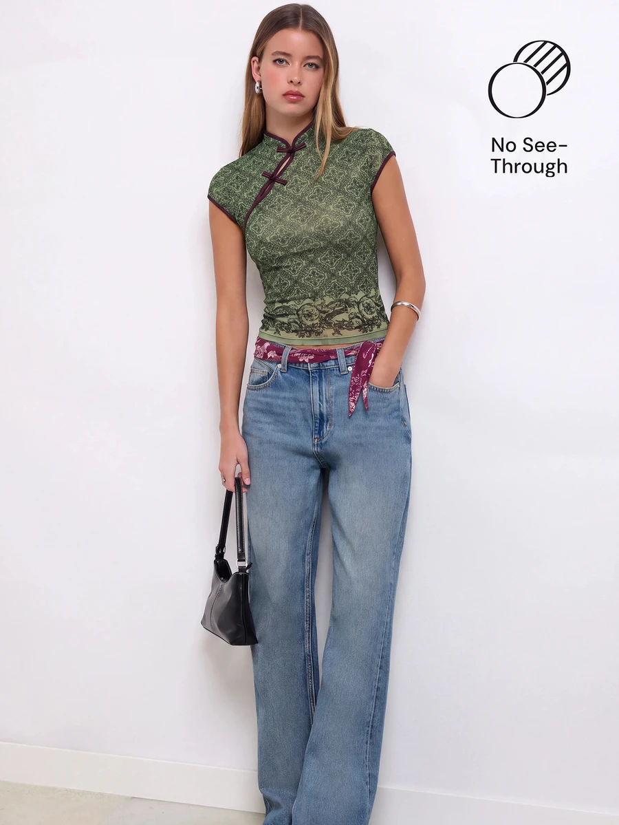 Nöista Top de manga corta, cuello alto estilo chino, con abertura diagonal. - Verde Oliva - Ver 1